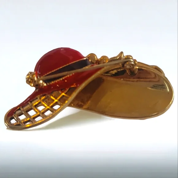 Vtg Avon Jewelry Red Hat Society Brooch Pin Enamel Rhinestones Flower - Picture 2 of 2
